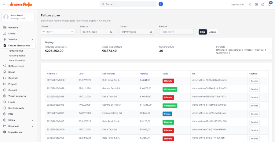 Creazione fattura, visualizzazione XML e invio SDI